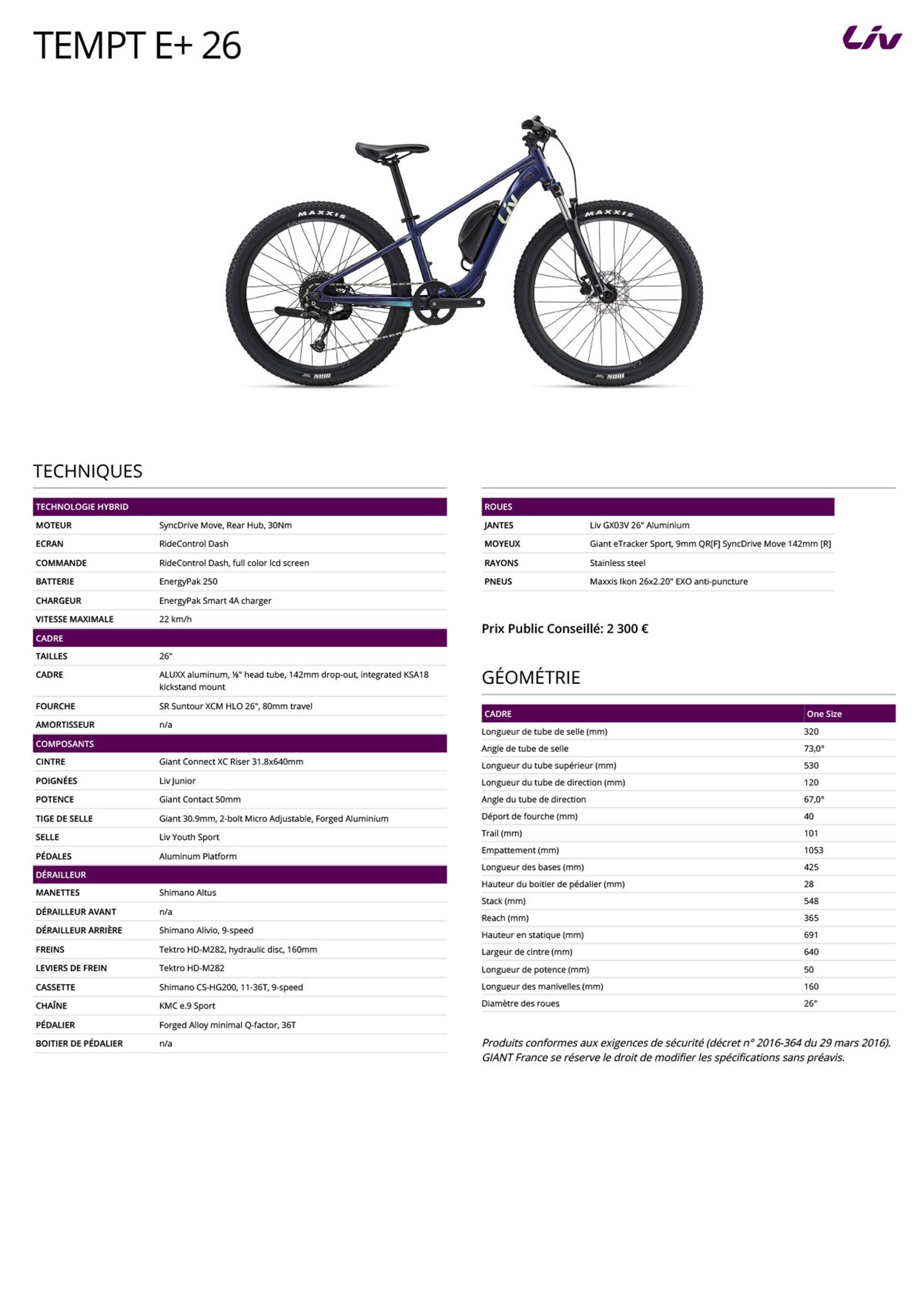 Fiche technique du velo Tempt E+ Junior Année 2023